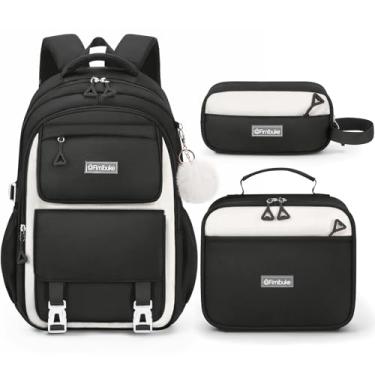 Imagem de Fimibuke Mochila infantil para meninas, 3 peças, mochila escolar com lancheira, bolsa de lápis para ensino fundamental, Preto, 15.6 inches