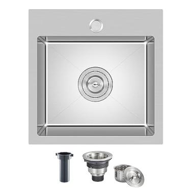 Imagem de Pias de cozinha de 43 cm - pia de cozinha TSIBOMU de 43 x 48 cm, pia de cozinha com furo único, aço inoxidável de calibre 18, feita à mão, pequena pia de cozinha, escovada