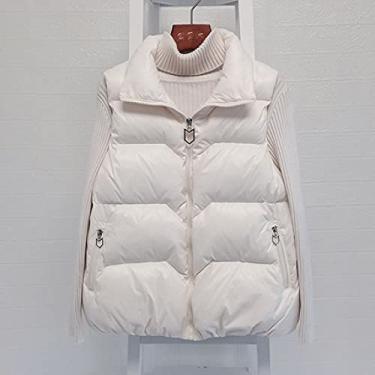 Imagem de Jaqueta Sem Mangas Para Mulheres, Mulheres Down Quilted Gilet Com Capuz Casual Curto Branco Gola Alta Zíper Colete Acolchoado Acolchoado À Prova De Vento Bodywarmer, M