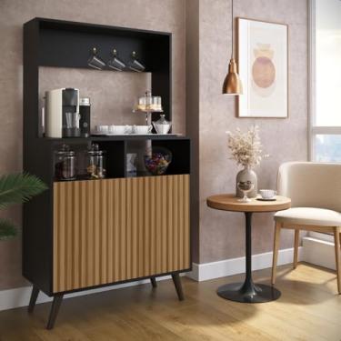 Imagem de Cantinho do Café com Nichos e Portas - Aparador Multiuso com Ganchos para Xícaras e Pés em Madeira - Design Moderno e Compacto para Cozinha ou Sala (Preto/Ripado (Pintado))