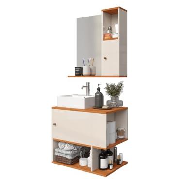 Imagem de Conjunto Armário De Banheiro Beauty Luxo Gabinete Com Cuba Apoio Sobrepor Pia E Espelheira (Off White Freijó)