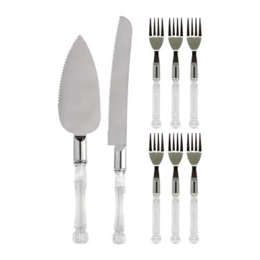 Imagem de Conjunto para Bolo e Sobremesa, 8 Peças, Espátula, Faca e 6 Garfos, Inox Cabo Transparente