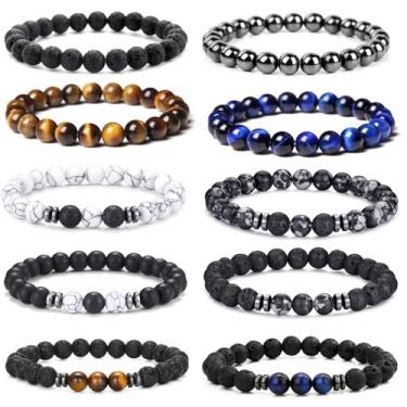 Imagem de Crgwxzl Conjunto de 10 pulseiras masculinas com contas de 8 mm, olho de tigre, pedra vulcânica, estiramento de pedras naturais, pulseira elástica de cristal preto ajustável a granel para presentes