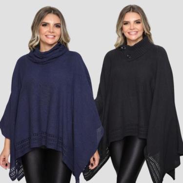 Imagem de Kit 2 Poncho Feminino Tricot Mousse Liso Gola Alta Casaco Lã - Rosilen