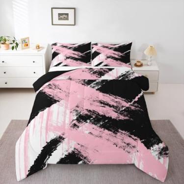 Imagem de jejeloiu Conjunto de edredom de arte abstrata, tamanho Queen, moderno, geométrico, para meninos, meninas, adolescentes, branco, preto, rosa, edredom para decoração de quarto