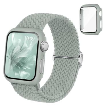 Imagem de Pulseira elástica trançada compatível com relógio Apple e capa de 40 mm, 41 mm, 42 mm, 44 mm, 45 mm, 46 mm, pulseira elástica de nylon e capa protetora com protetor de tela para Apple Watch séries 11