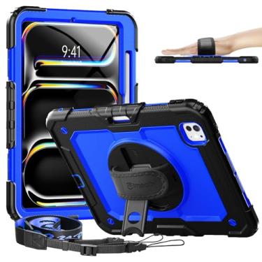 Imagem de timecity Capa para iPad Pro M4 11 polegadas versão 2024 5ª geração com protetor de tela integrado, suporte giratório de 360°, alça de ombro ajustável, recortes, porta-lápis, azul escuro