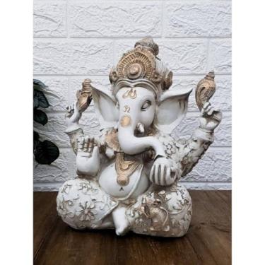 Imagem de Estátua Grande Decorativa da Deusa Ganesha Símbolo de Sorte e Fortuna com Mandala Dourada(Branco com detalhe ouro)