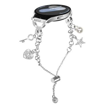 Imagem de HAYONLIY Pulseira de metal compatível com Samsung Galaxy Watch7/FE/5/6/4 de 40 mm e 44 mm/5 Pro de 45 mm/Watch 4/6 Classic de 42 mm, 46 mm, 43 mm e 47 mm/Active2, pulseira de corrente de diamante