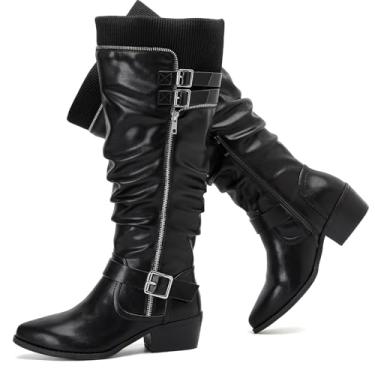Imagem de Luoika Botas femininas extra largas na altura do joelho, larga, plus size, cano alto, salto baixo empilhado, botas de inverno e outono., Preto1013, 10 X-Wide
