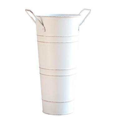 Imagem de Vasos de metal galvanizado, balde estilo campestre francês de 25,4 cm com alças, suporte de flores de metal estilo rústico para decoração de mesa de jardim doméstico e mesa de casamento, branco