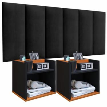 Imagem de Conjunto Cabeceira Casal Queen 160cm com Kit de Mesa de Cabeceira Suspenso com Porta Celular Madri (Preto/Freijó)