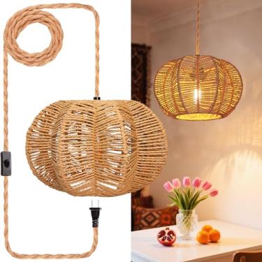 Imagem de Eqquorva Luzes de suspensão com cabo de plugue Lâmpada suspensa de vime Boho luminárias de teto em forma de lâmpada pendente de casa de fazenda para sala de estar quarto cozinha