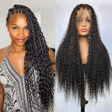 Imagem de CHARMING YOU Peruca trançada de cabelo humano com renda total Boho Box tranças sem nós 300 densidade pré-arrancada com pontas encaracoladas Deusa sem cola, perucas de renda transparente para mulheres