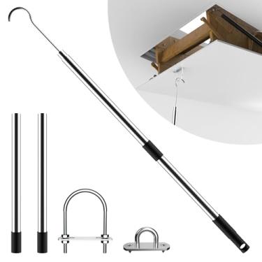 Imagem de Gancho de puxar para baixo no sótão com poste ajustável de 133,5 cm, gancho de aço inoxidável resistente com 2 alças para porta de escada do sótão, substitui o cabo de puxar para baixo do sótão