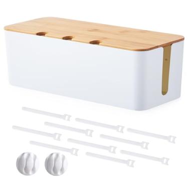 Imagem de Caixa de gerenciamento de cabos, organizador de cabos com tampa de bambu, gerenciamento de cabos sob a mesa com 10 abraçadeiras e 2 suportes de clipe de cabo para roteador de TV, computador, hub USB