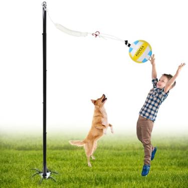 Imagem de ASOCEA Conjunto de bola de tetherball com bola e corda, jogo de tetherball de quintal para cães adultos e crianças, kit de bastões de tetherball de altura ajustável para brincadeiras divertidas ao ar