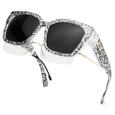 Imagem de Face Shadow Óculos de sol polarizados sobre óculos femininos com proteção UV quadrada leve, Armação de renda preta/lente cinza