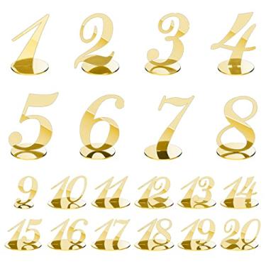 Imagem de Rely2016 Número de mesa espelhado, 1-20 suportes de números de mesa de casamento com base de suporte números de mesa de acrílico porta-cartões decoração de recepção para banquete de casamento, festa