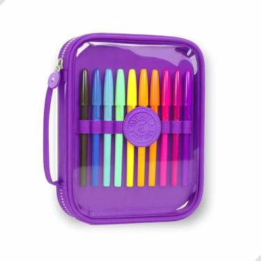 Imagem de Estojo Escolar Grande Transparente com Zíper, 4 Cores Disponíveis, Capacidade para Lápis, canetas, borracha, apontador, Tesoura, Design Moderno Papelaria fofa Divertida Criativa (Roxo)