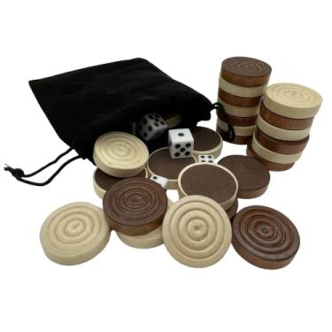 Imagem de 30 Pieces Wooden Backgammon Checkers Replacement Set Checker Board Games Playing Game Chips with 5 Dice Come with Drawstring Storage Pouch (Brown&Beige 1.34 inch)
