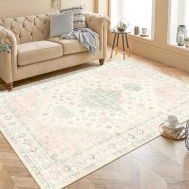 Imagem de MUJOO Tapete lavável 10 x 16,5, tapetes boho para quarto, sala de estar, escritório, sala de jogos, pequeno, antiderrapante, interior, tapete de pelo baixo, rosa claro e verde