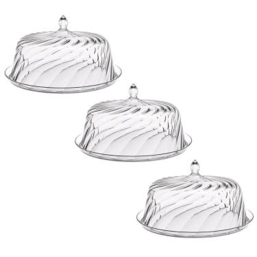 Imagem de Kit 3 Porta Bolos Tortas Doces 25cm Transparente Glassy com Cúpula Crippa Hotel Padaria
