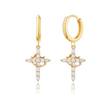 Imagem de Robaice Brincos de coroa de ouro para mulheres - Brincos de argola banhados a ouro 14K com pingente de cruz de diamante de zircônia cúbica, joias religiosas cristãs presentes para ela, Medium, Latão