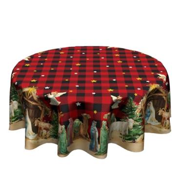 Imagem de Giwawa Toalha de mesa redonda de Natal de 152 cm, estampa vintage de búfalo vermelho xadrez reutilizável lavável para festas, piqueniques, jantares, ambientes internos e externos, decoração de férias
