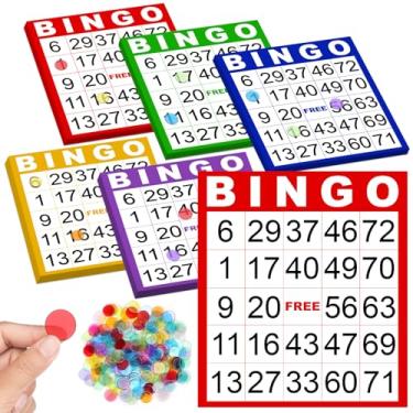 Imagem de 50 folhas de cartas de bingo grandes de 20 x 23 cm para idosos, cartões de bingo jumbo e fichas de papel colorido, conjunto de jogos de luxo com fichas transparentes coloridas, suprimentos para jogos