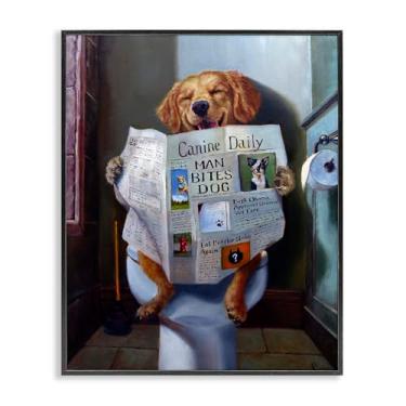 Imagem de Stupell Industries Cão lendo o jornal no vaso sanitário pintura engraçada arte de parede emoldurada preta, 11 x 14