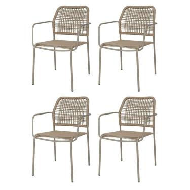 Imagem de Kit 4 Cadeiras Com Braços Empilhável Copacabana Fratini Aço Carbono Fendi Trama Corda Náutica Fendi