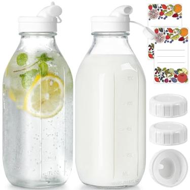 Imagem de Milk Bottle with Airtight Lid, 100% Airtight Heavy Duty Screw Lid. 2 Pack 32 Oz Reusable Glass Bottles with 3 Lids! Jug Pitcher, Buttermilk, Water, Juice Bottles w Cap, Syrup, Honey