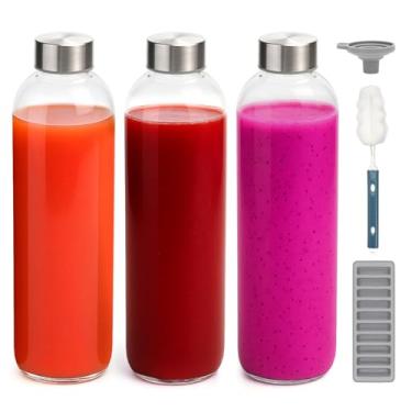 Imagem de Zukro Garrafas de água de vidro com tampas de 946 ml, pacote com 3 garrafas de suco reutilizáveis com tampa hermética de aço inoxidável para sucos, frasco transparente à prova de vazamento, recipiente
