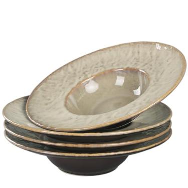 Imagem de jinsongdafa Tigelas de sopa de cerâmica com borda de 296 g, pratos de sopa, conjunto de 4 tigelas de massa, pratos rasos com borda larga, melhor escolha para restaurantes e gourmets de alta qualidade