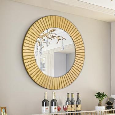 Imagem de Chende Espelho dourado redondo, espelho decorativo grande de 91 cm para parede com moldura de madeira, espelhos dourados elegantes para sala de estar, entrada, banheiro