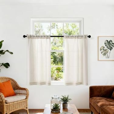 Imagem de 2 painéis de cortinas de porão para janela pequena meias cortinas de linho natural Smei Sheer Light Reducing Line, cortinas para cozinha porão janela pequena/sala loft, bege 63 x 113 cm