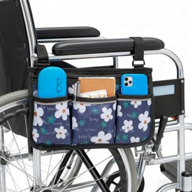 Imagem de WEEOATAR Bolsa lateral para cadeira de rodas bolsa de armazenamento com suporte de copo, impermeável, fácil de usar com zíper, bolso lateral com faixa refletiva para cadeiras de rodas, andadores ou