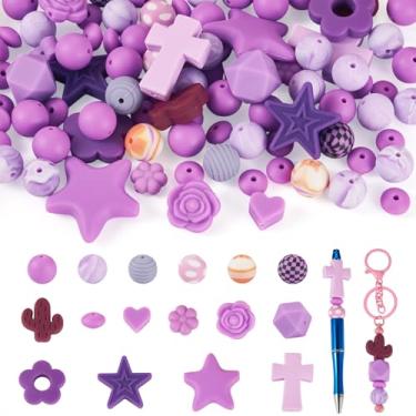 Imagem de Beadthoven 92 peças sortidas contas focais de silicone para canetas, coração roxo estrela cruz flor contas de borracha a granel 15 mm contas redondas de silicone para pulseiras de Halloween cordões
