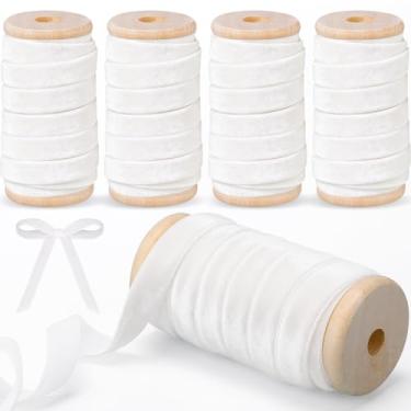 Imagem de Chuangdi Conjunto de fitas de veludo de Natal com 4 rolos de 3/20.3 cm vintage com acabamento em tecido de carretel de madeira para embrulho de presente de Natal, decoração de guirlanda, enfeites