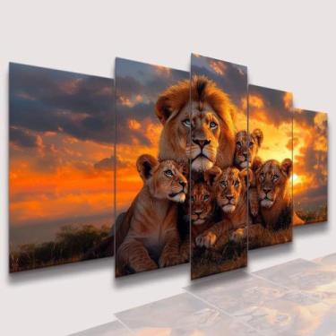 Imagem de Quadro Decorativo Pôr Do Sol Leão Leoa 4 Filhotes Família Colorido Col