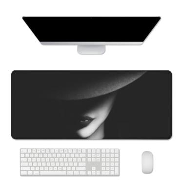 Imagem de Tapete de rato para menina fixe, preto e branco, tapetes de mesa em cima de mesas, tapete de rato grande para jogos, tapete de rato grande com borda costurada base de borracha antiderrapante para