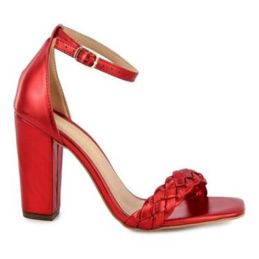 Imagem de Sandália Vitória Lugo Salto Fino Bico Quadrado Trança, Vermelho, 36