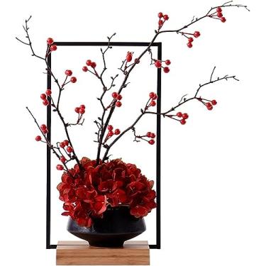 Imagem de DCYEQRQ Flores artificiais falsas 42 cm buquês de orquídeas de seda e frutas vermelhas com vaso de cerâmica para decoração de casa arranjos florais