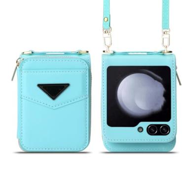 Imagem de Capa de telefone tipo carteira crossbody para Samsung Flip5 Flip4 5G com suporte para cartão e alça de couro, azul, para Galaxy Z Flip4 5G