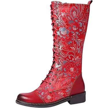 Imagem de Botas femininas vermelhas vintage cano alto renda, Vermelho, 6.5