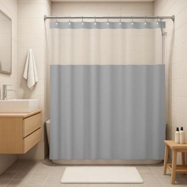 Imagem de Cortina Box Banheiro Antimofo Lisa com Ganchos e Visor Transparente – Várias Cores (Cinza)