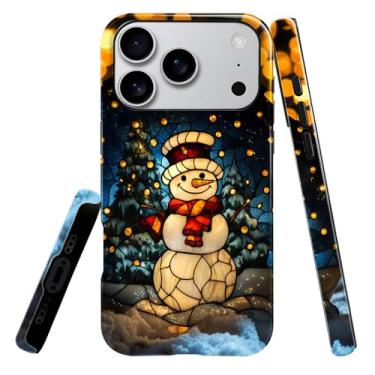 Imagem de heindiy Compatível com iPhone 17 Pro, capa brilhante, proteção total, à prova de choque, anti-arranhões, capa de TPU, capas para homem e mulher - vintage Natal boneco de neve vitral