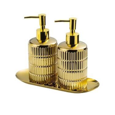 Imagem de Dispensador de sabão Conjunto de saboneteira cerâmica com 3 peças, bomba loção para banheiro hotel, garrafa bandeja(Gold)