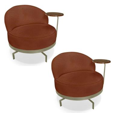 Imagem de Kit 2 Poltronas Decorativa Andromeda Linho Bouclê Base Giratória De Ferro - Pallazio Cor Marrom